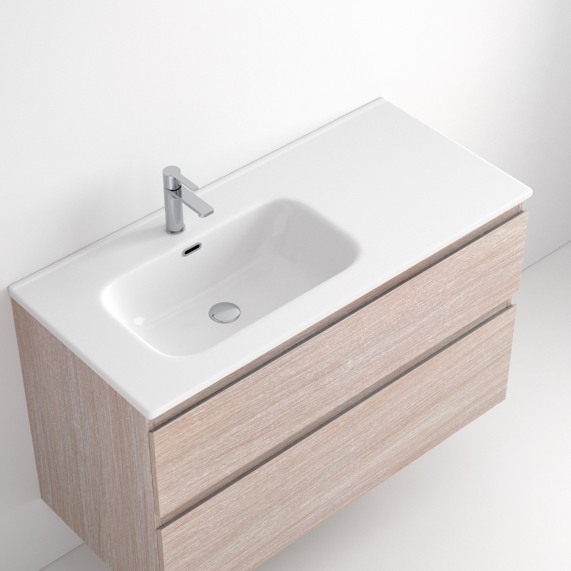 Lavabo Aire Seno Desplazado El Lavabo Aire Seno Desplazado ofrece una solución práctica para baños con espacios reducidos o configuraciones particulares. El seno desplazado, tanto a izquierda como a derecha, optimiza la encimera, permitiendo más espacio de almacenamiento y un diseño más fluido, sin perder el toque elegante. Opción de Lavabo Aire Modular para muebles de 120 cm con configuraciones de 4 y 6 cajones. Con acabado en brillo y fondo de 46 cm.