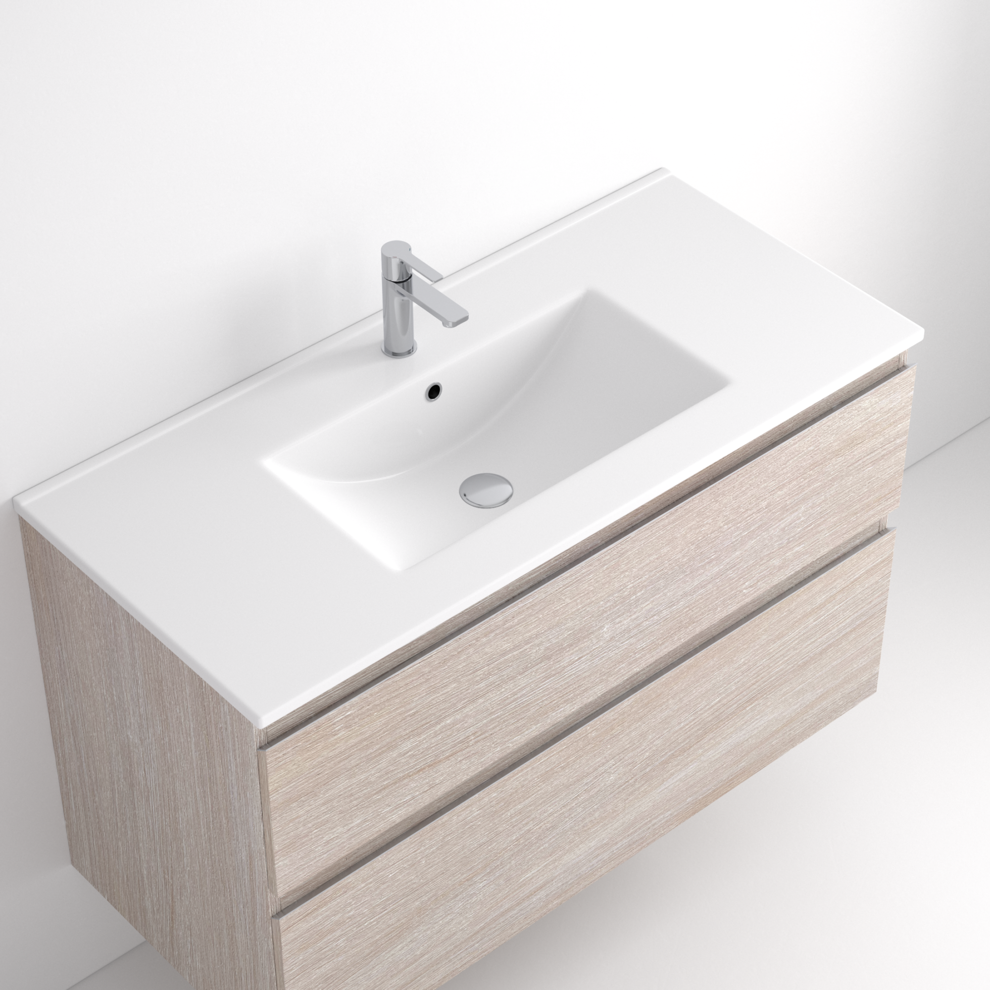Lavabo Plus Fondo Normal El Lavabo Plus combina proporciones equilibradas con un diseño funcional y actual. Ofrece una superficie útil sin comprometer la estética, mientras que el seno centrado proporciona simetría y facilidad de uso en cualquier tipo de baño. Disponible con seno centrado o en versión de doble seno, adaptándose perfectamente tanto a baños individuales como compartidos. Con acabado en brillo y fondo de 46 cm.