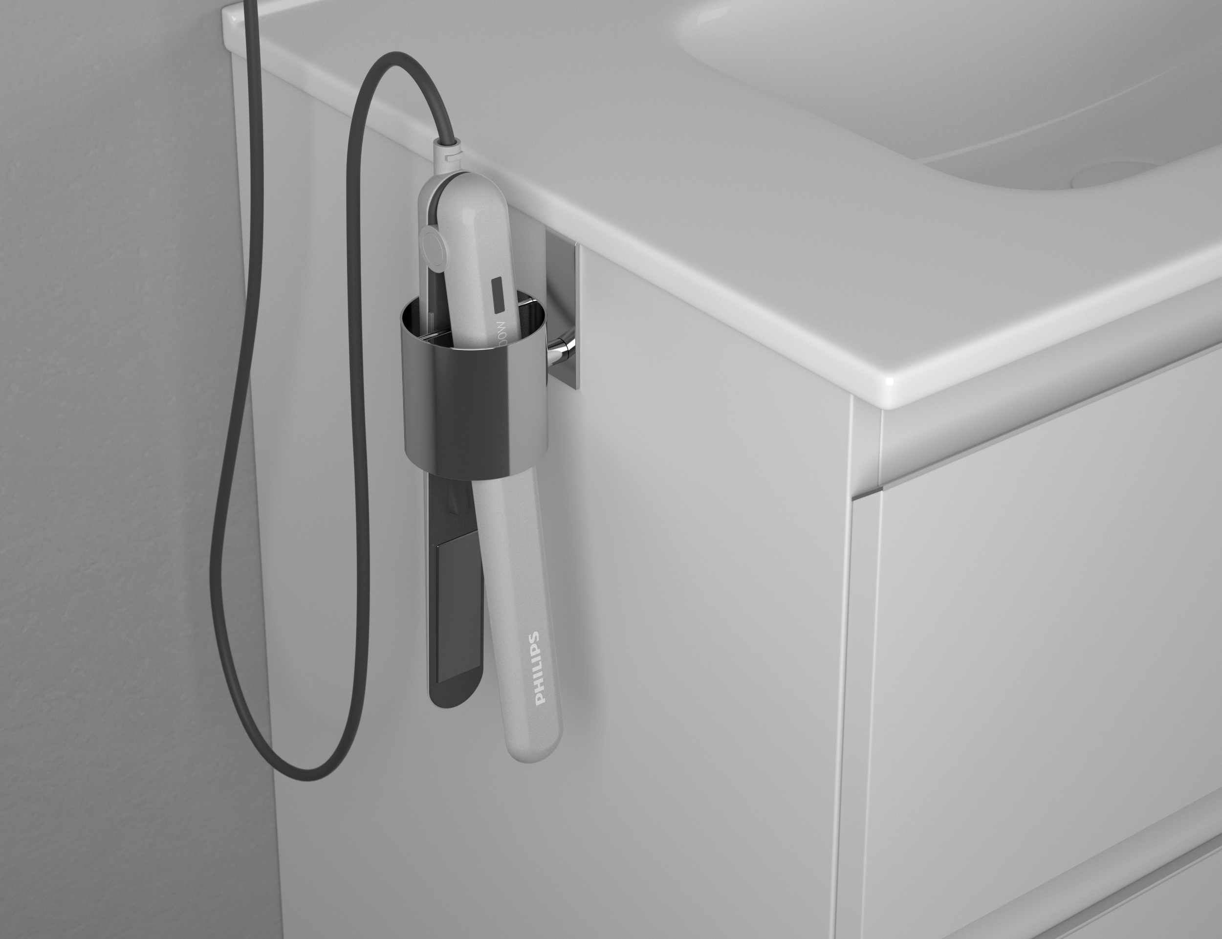 Solución segura para colocar tu plancha de pelo. Fabricado con materiales resistentes al calor, este accesorio es perfecto para mantener el baño libre de desorden.