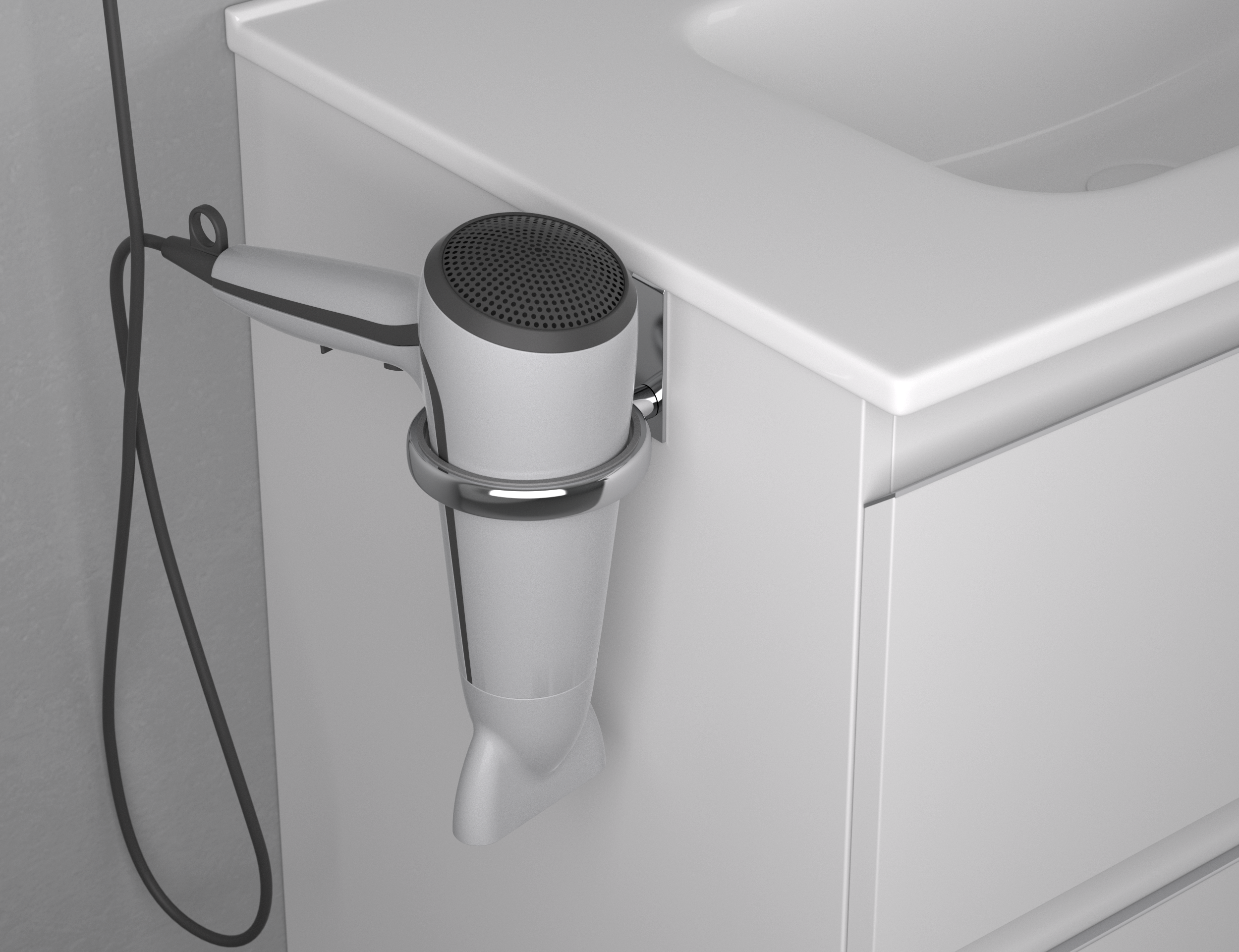 Mantén tu secador siempre a mano con este práctico soporte. Su diseño compacto y resistente permite una colocación segura, evitando enredos de cables y optimizando espacio.