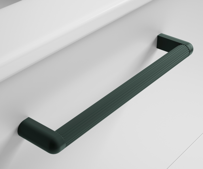 Tirador Rigato en acabado verde sobre mueble de baño Carmen.