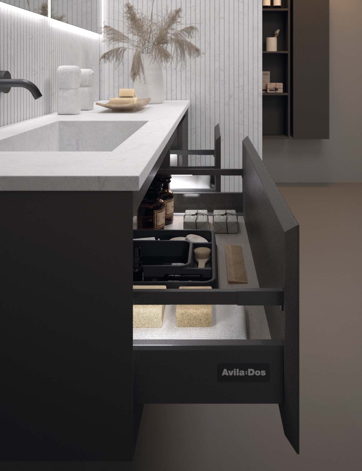 Mueble de baño moderno de la colección Novus de Avila Dos, con líneas elegantes, acabado natural y diseño minimalista que combina funcionalidad y estilo contemporáneo.