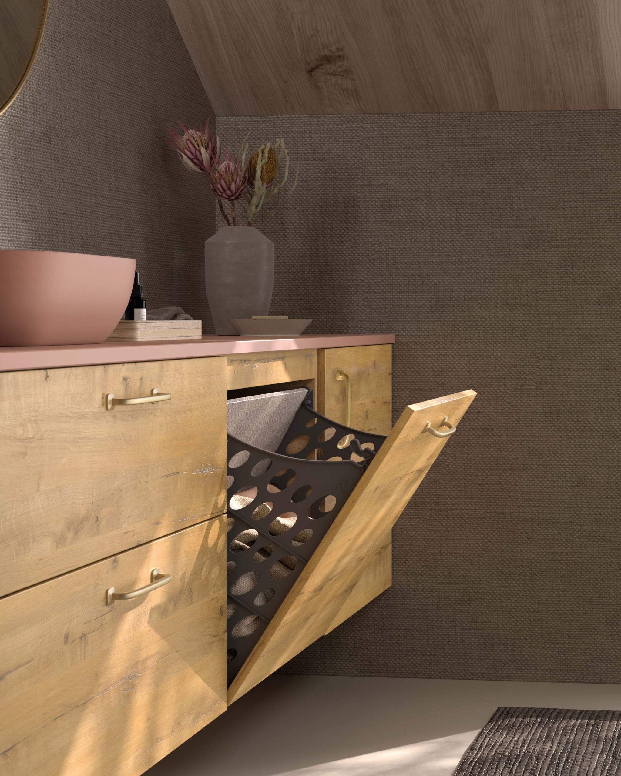 Módulo de baño laminado con cesto integrado para la ropa – Avila Dos.