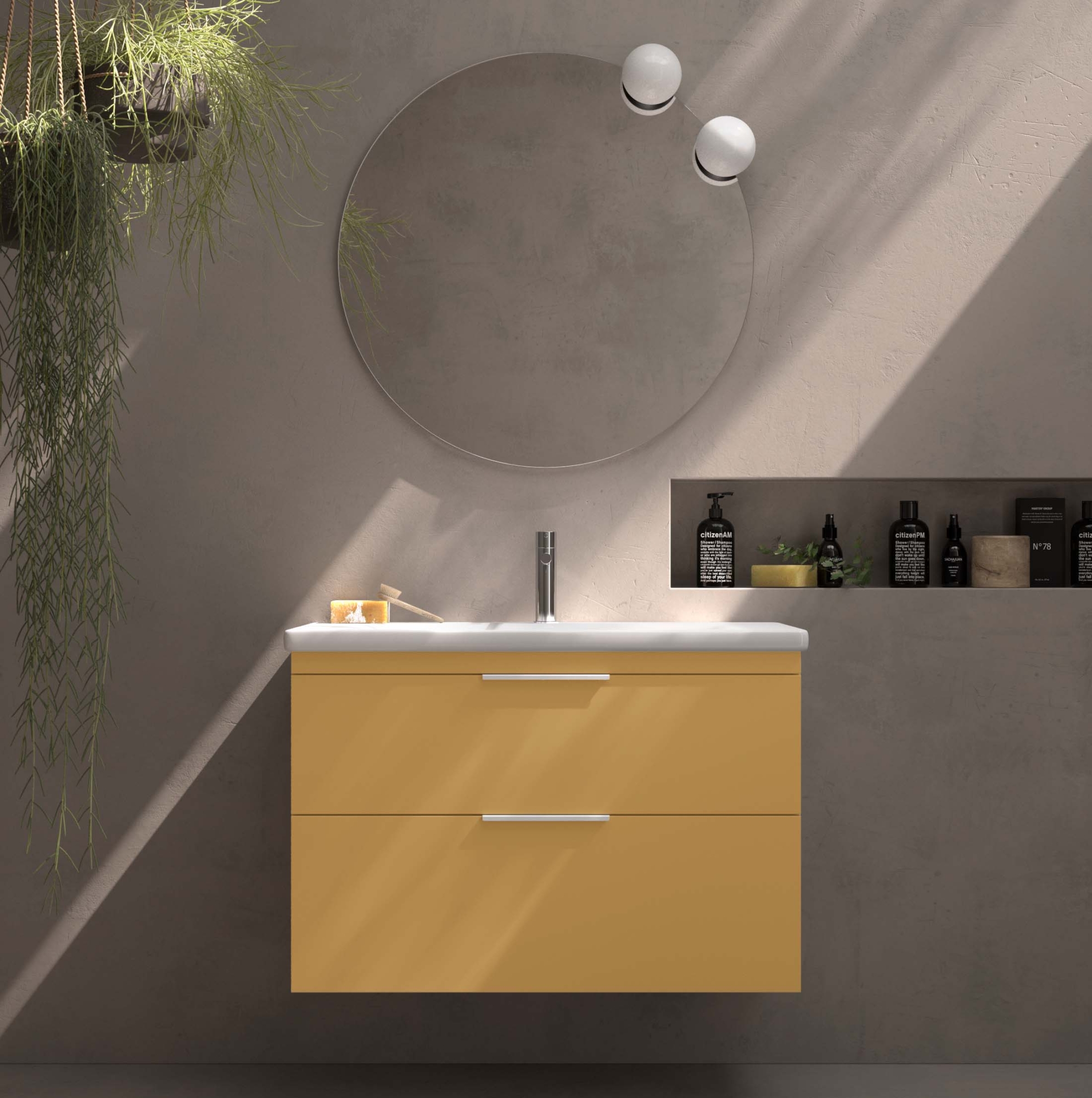 Elena | Lavabo TWO – 90 cm – 2 cajones – Color 253 – Mostaza – Tirador Way Mueble de baño Elena Lavabo TWO 90 cm mostaza color 253 con dos cajones y tirador Way.