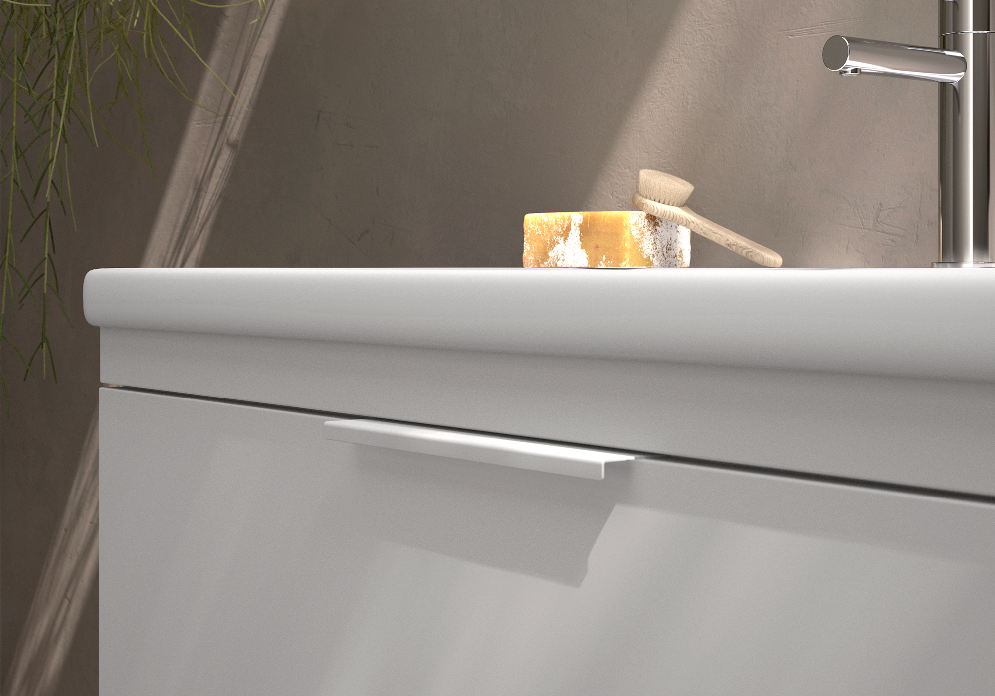 Tirador Way Elena Collection Detalle de mueble de baño con tirador WAY instalado.