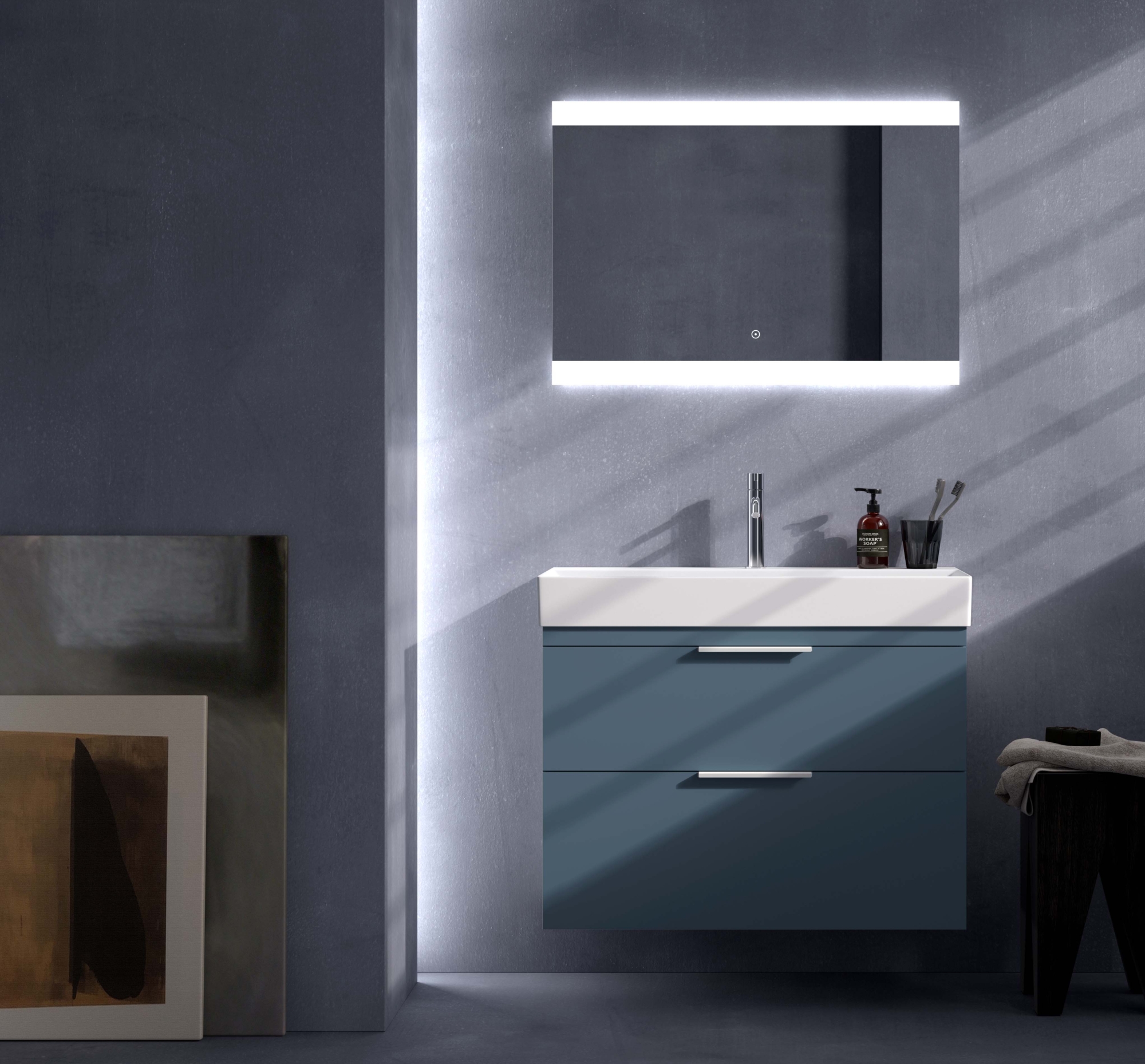 Elena | Lavabo ONE – 85 cm – 2 cajones – Color 52 – Tirador Way Mueble de baño Elena Lavabo ONE 85 cm azul color 52 con dos cajones y tirador Way.