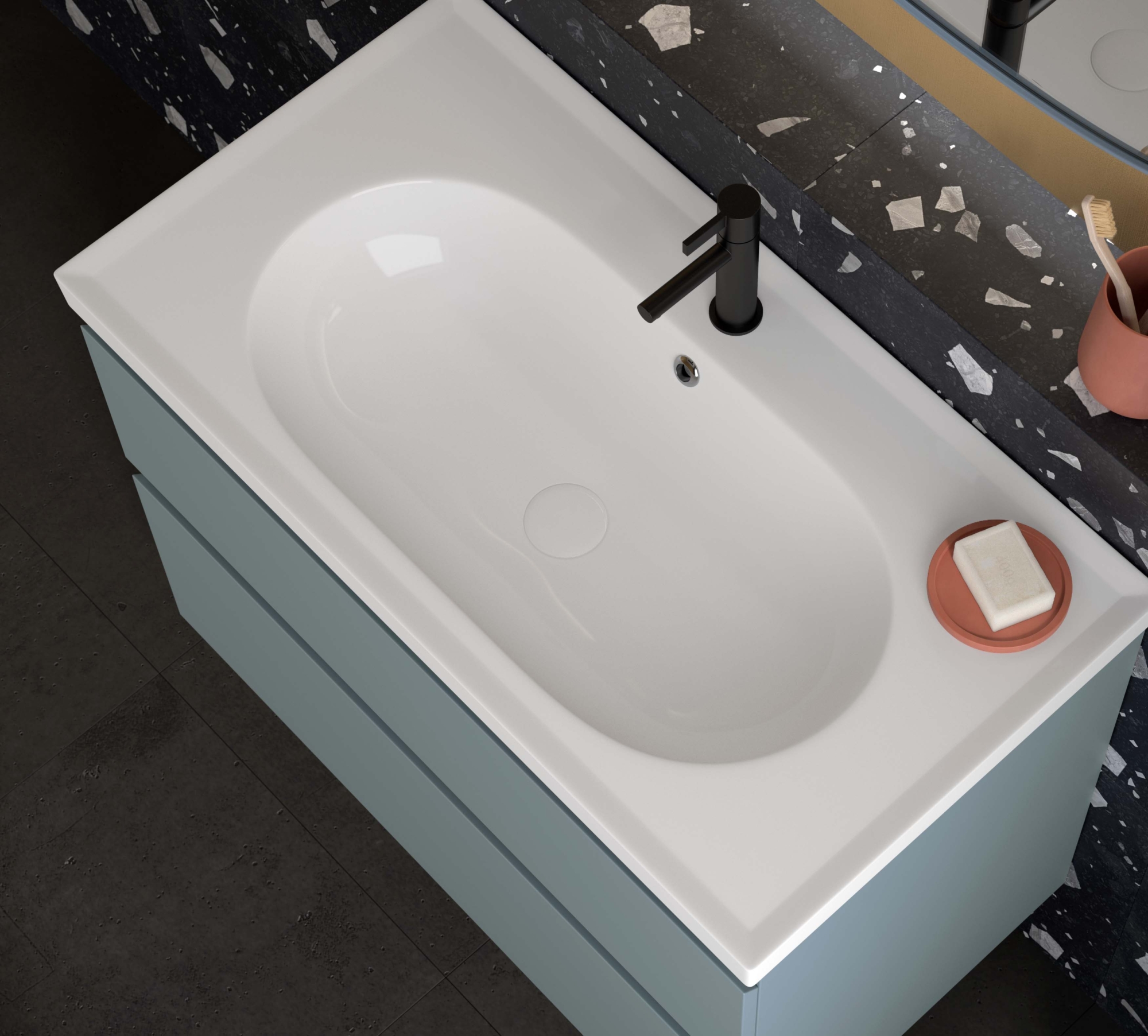 Elena | Lavabo THREE – 100 cm – 2 cajones – Color 53 – Uñero 21 Mueble de baño Elena Lavabo THREE 100 cm color 53 con dos cajones y apertura uñero 21.