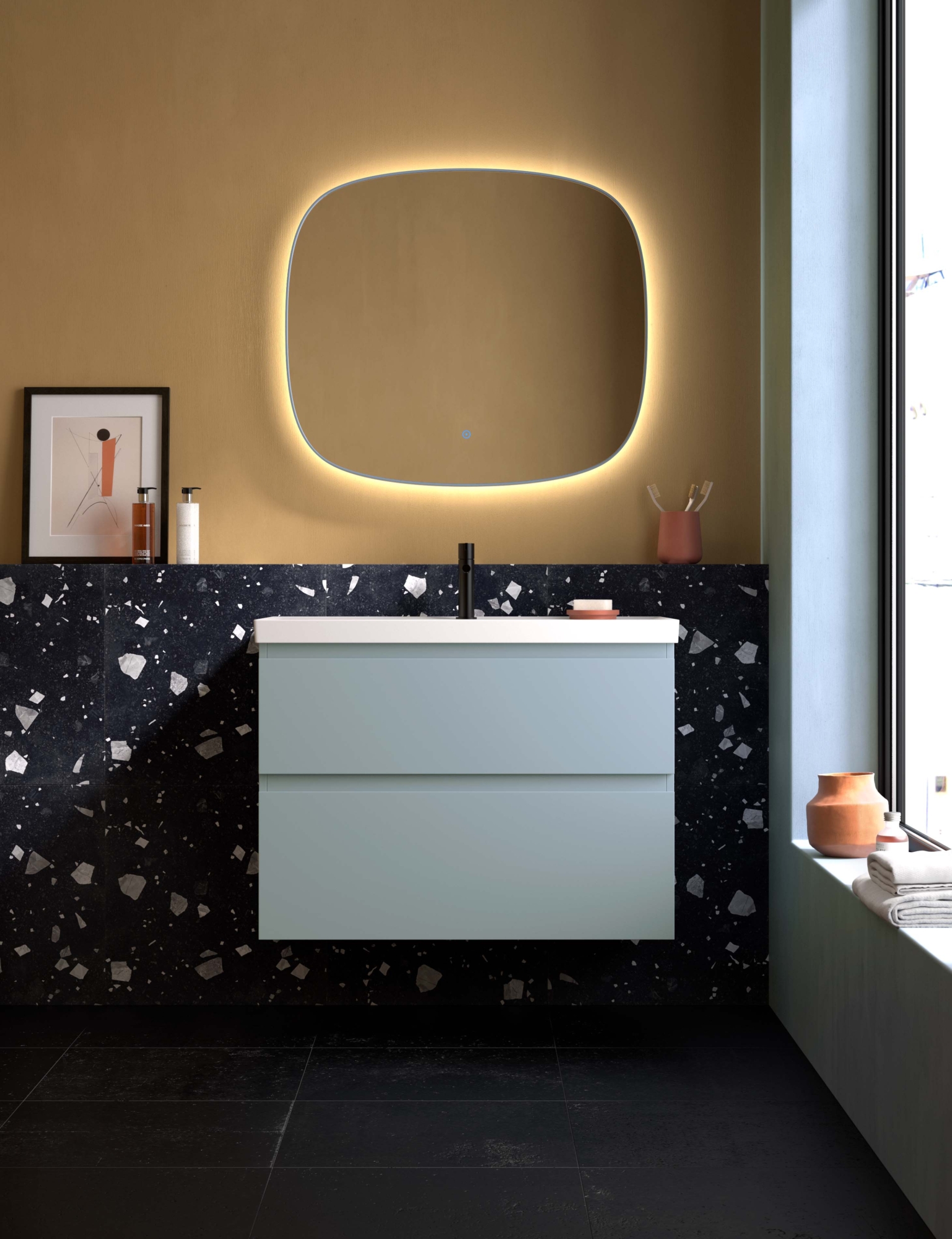Elena | Lavabo THREE – 100 cm – 2 cajones – Color 53 – Uñero 21 Mueble de baño Elena Lavabo THREE 100 cm color 53 con dos cajones y apertura uñero 21.