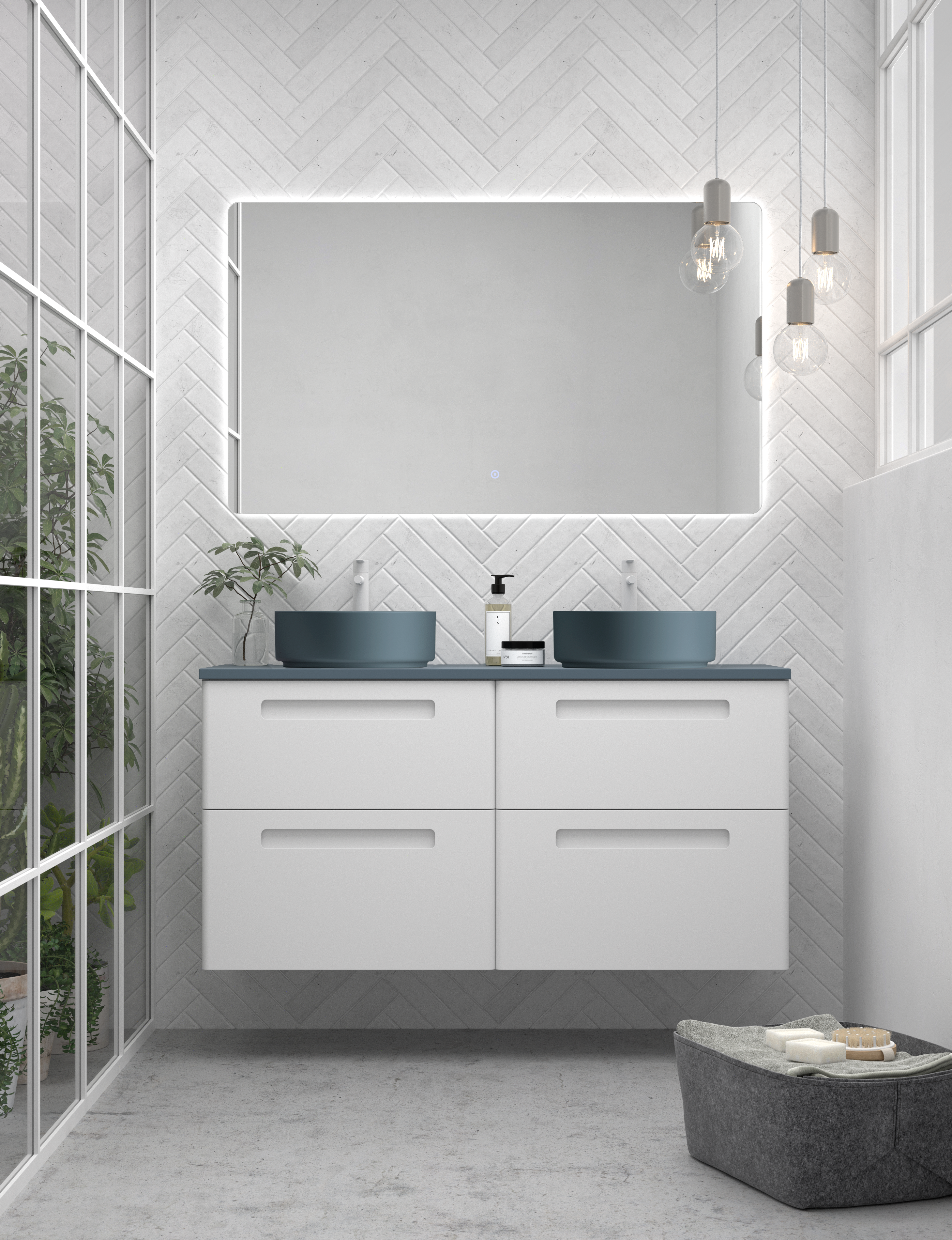 Mueble de baño Paris 120 cm con 4 cajones en color 70, encimera K-Azul y lavabos Círculo K-Azul sobre encimera