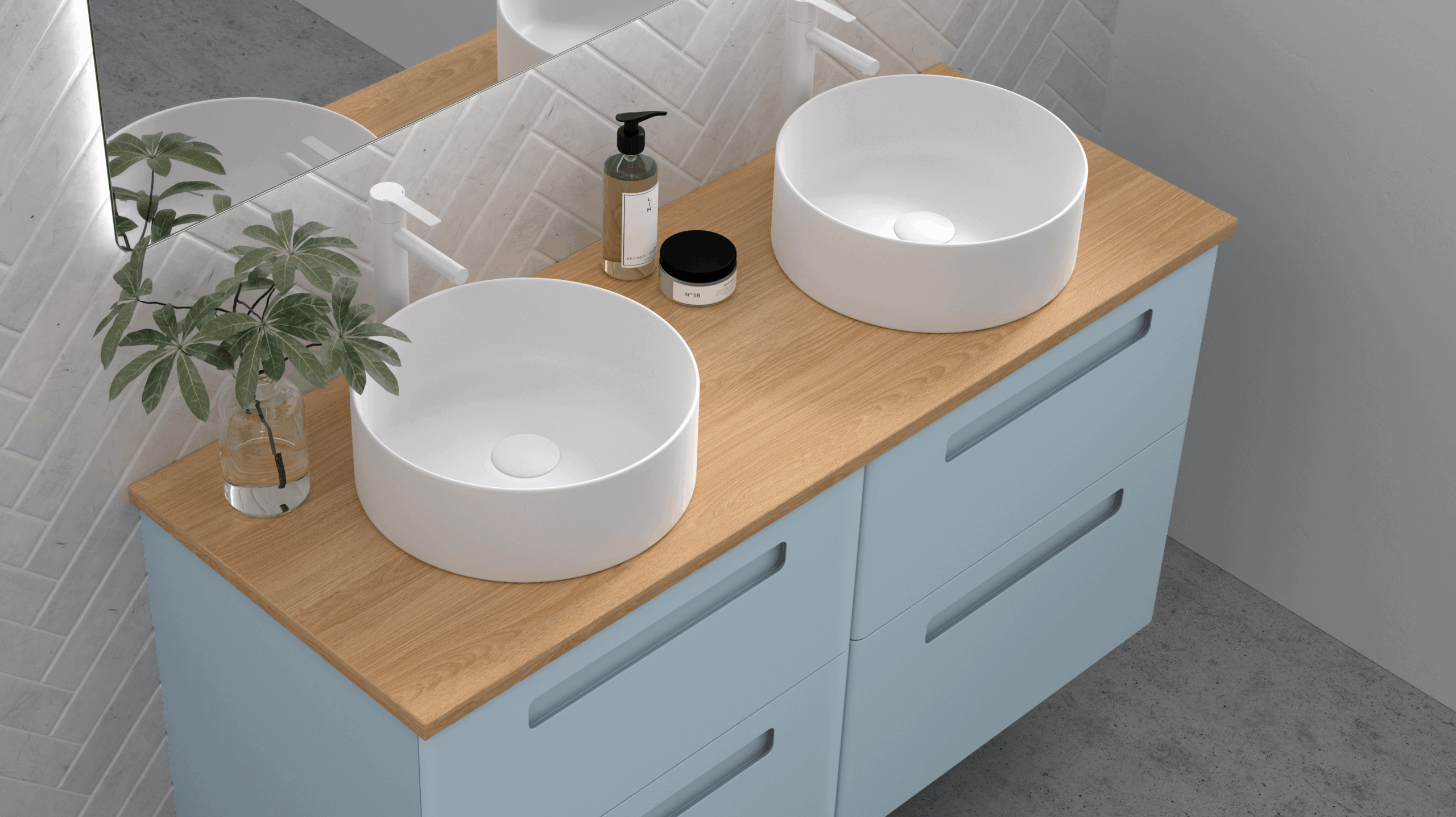 Mueble de baño Paris 120 cm con 4 cajones en color 53, encimera laminada color 25 y lavabos Círculo en K-Blanco