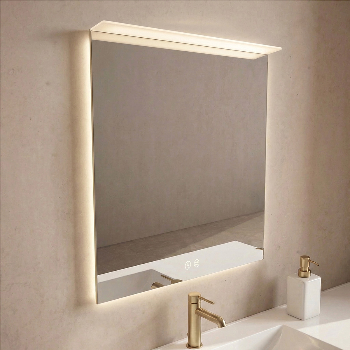 Aluminium Pro con cornisa LED: un espejo premium con iluminación envolvente, sensor antivaho y control táctil de temperatura e intensidad lumínica para una experiencia más cómoda y sofisticada.