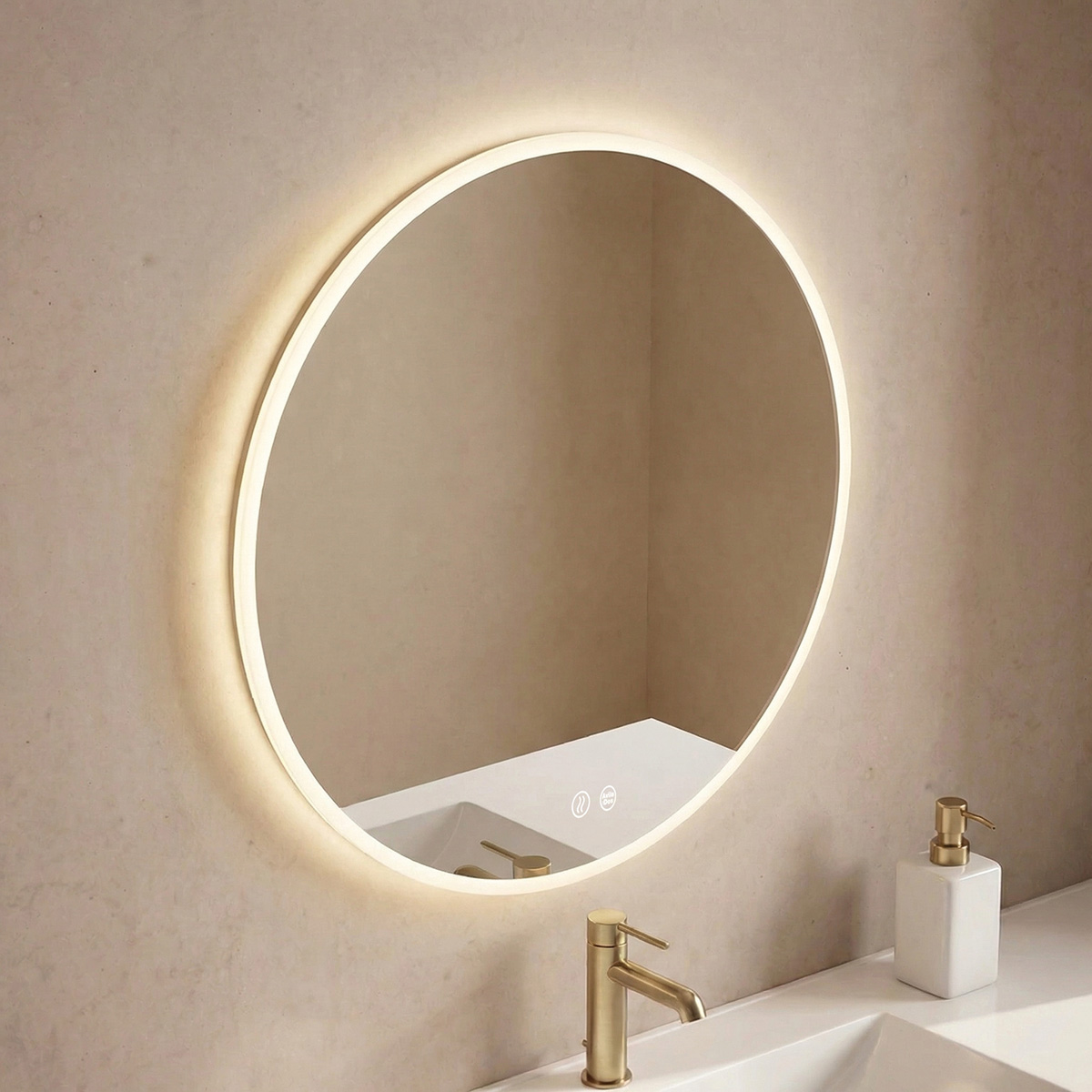 Circular Arenado LED: un espejo redondo de estilo moderno con iluminación uniforme, sensor antivaho y control táctil de luz para mayor confort y elegancia.