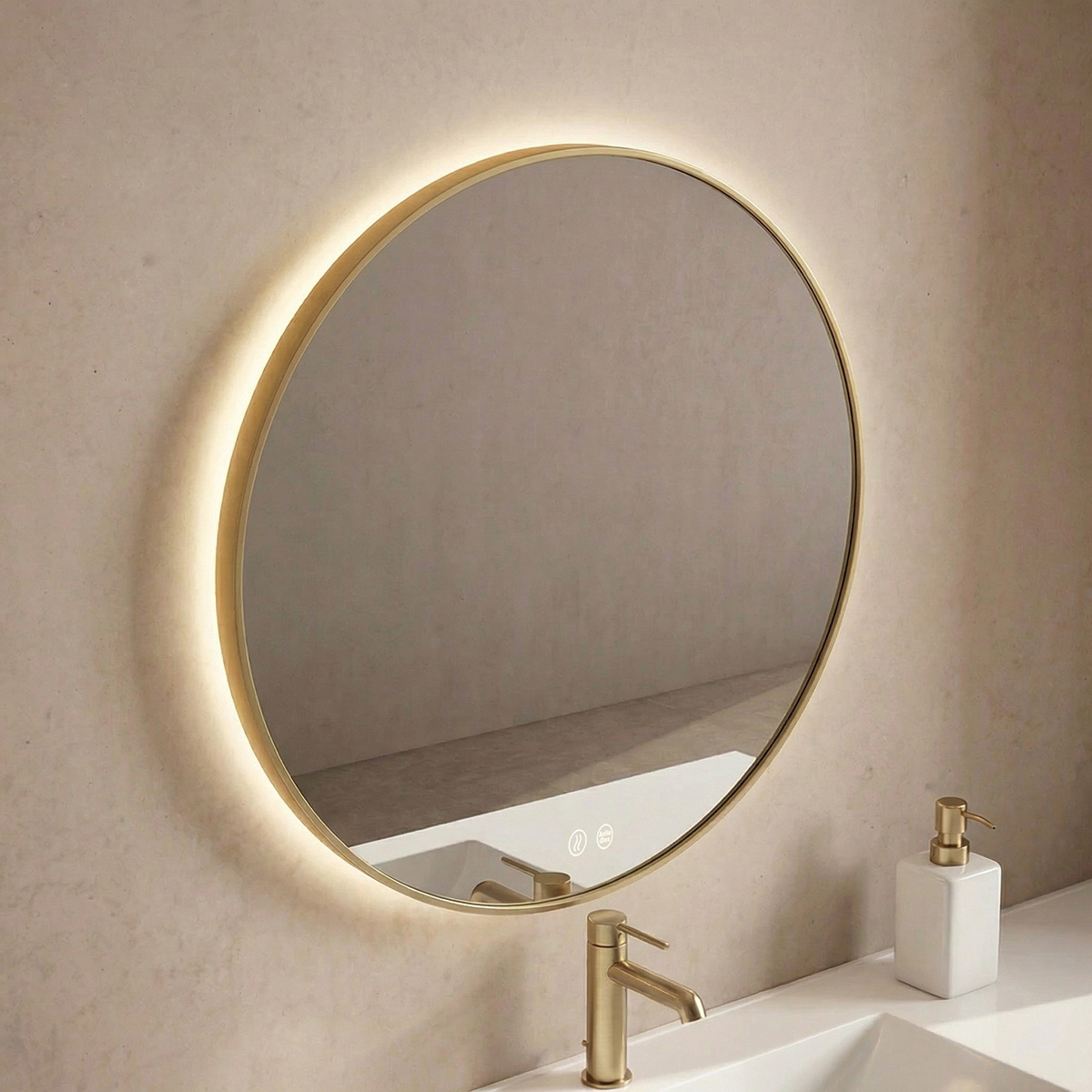 Circular Enmarcado LED: diseño elegante con marco personalizable en nuestros acabados lacados, iluminación envolvente y tecnología táctil para un baño moderno y sofisticado.