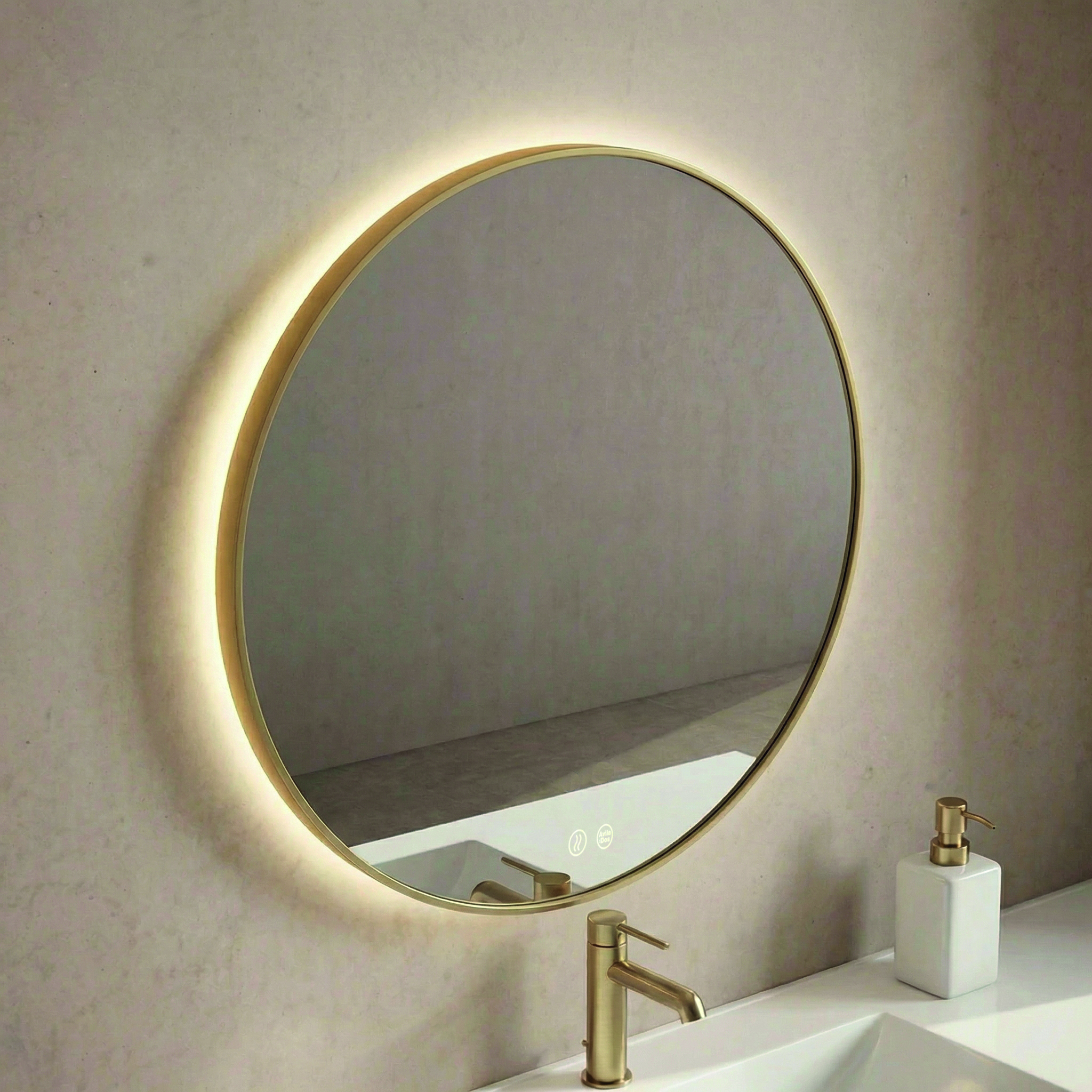 Circular Enmarcado LED: diseño elegante con marco personalizable en nuestros acabados lacados, iluminación envolvente y tecnología táctil para un baño moderno y sofisticado.