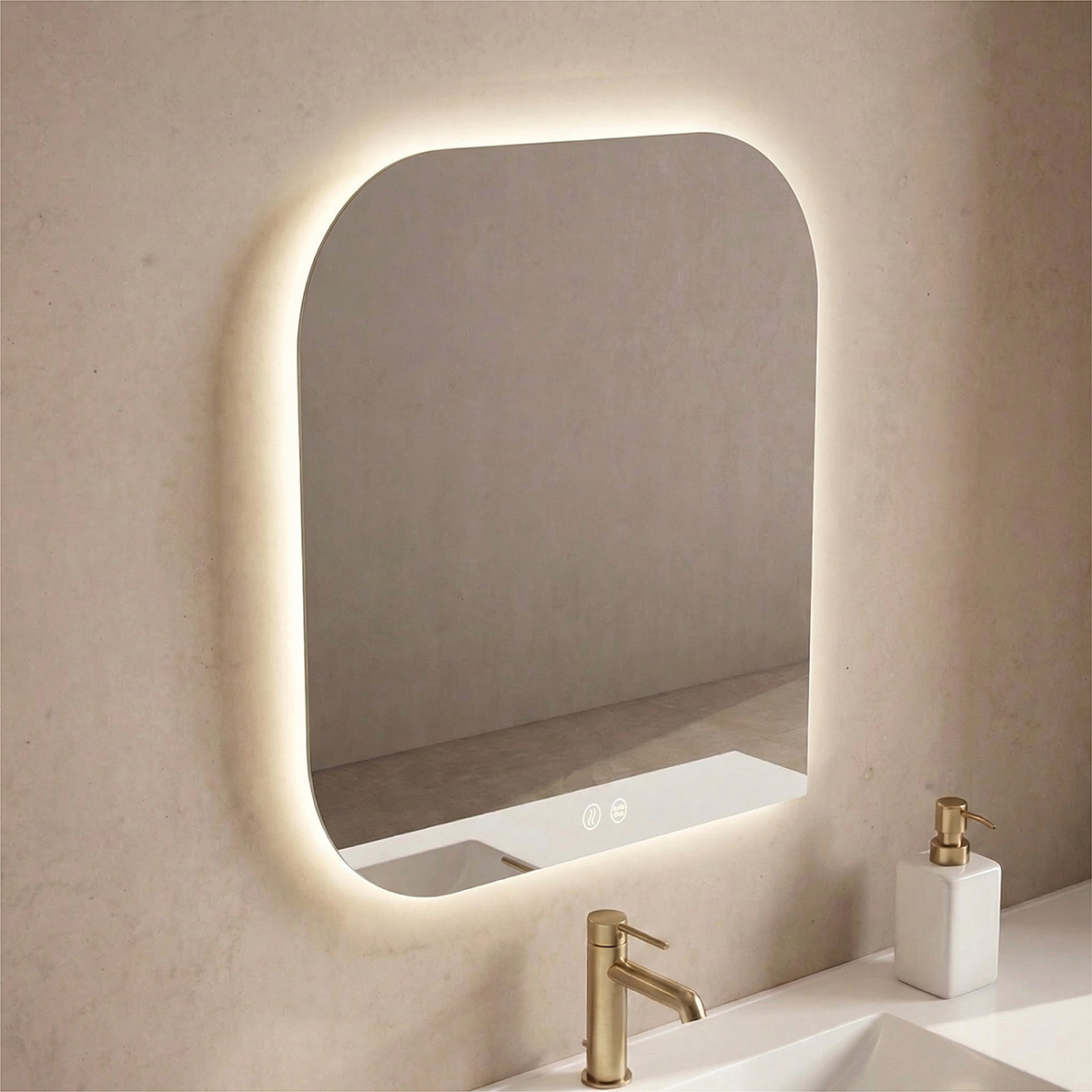 Desigual LED: un espejo de diseño asimétrico y moderno con iluminación envolvente, opción de pico lateral a la derecha o a la izquierda y tecnología táctil para un baño elegante y funcional.
