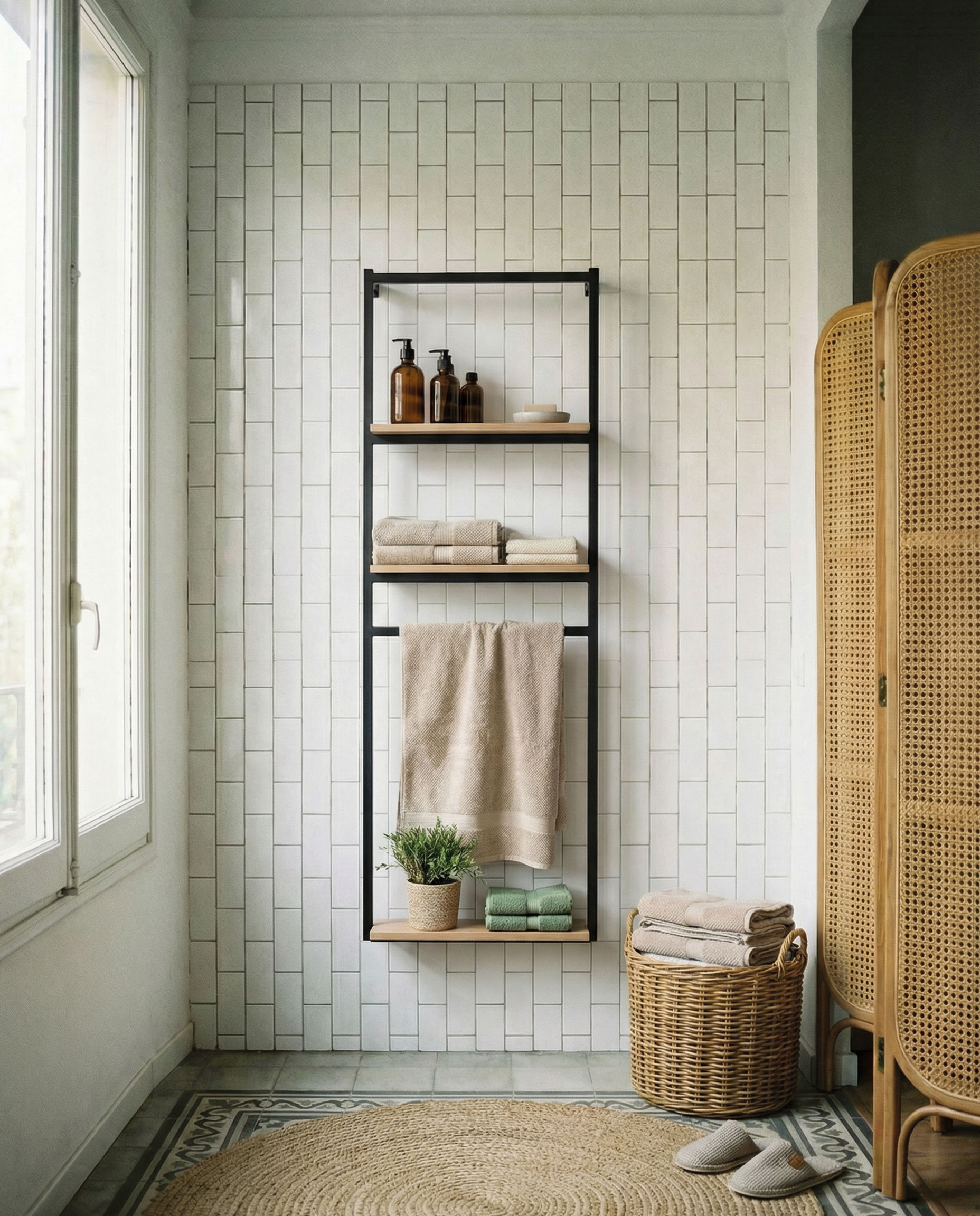 Estantería Toallero Frida con estructura metálica en color negro y estantes en color 18, diseñada para organizar toallas y accesorios de baño con un estilo moderno y funcional.