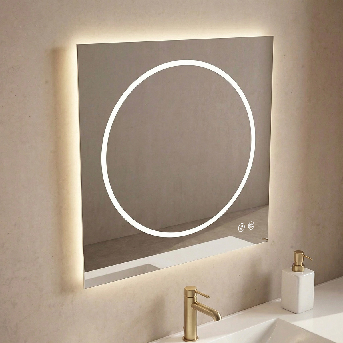 Eclipse LED: un espejo de diseño moderno con iluminación circular central y tecnología táctil que aporta elegancia y personalidad al baño.