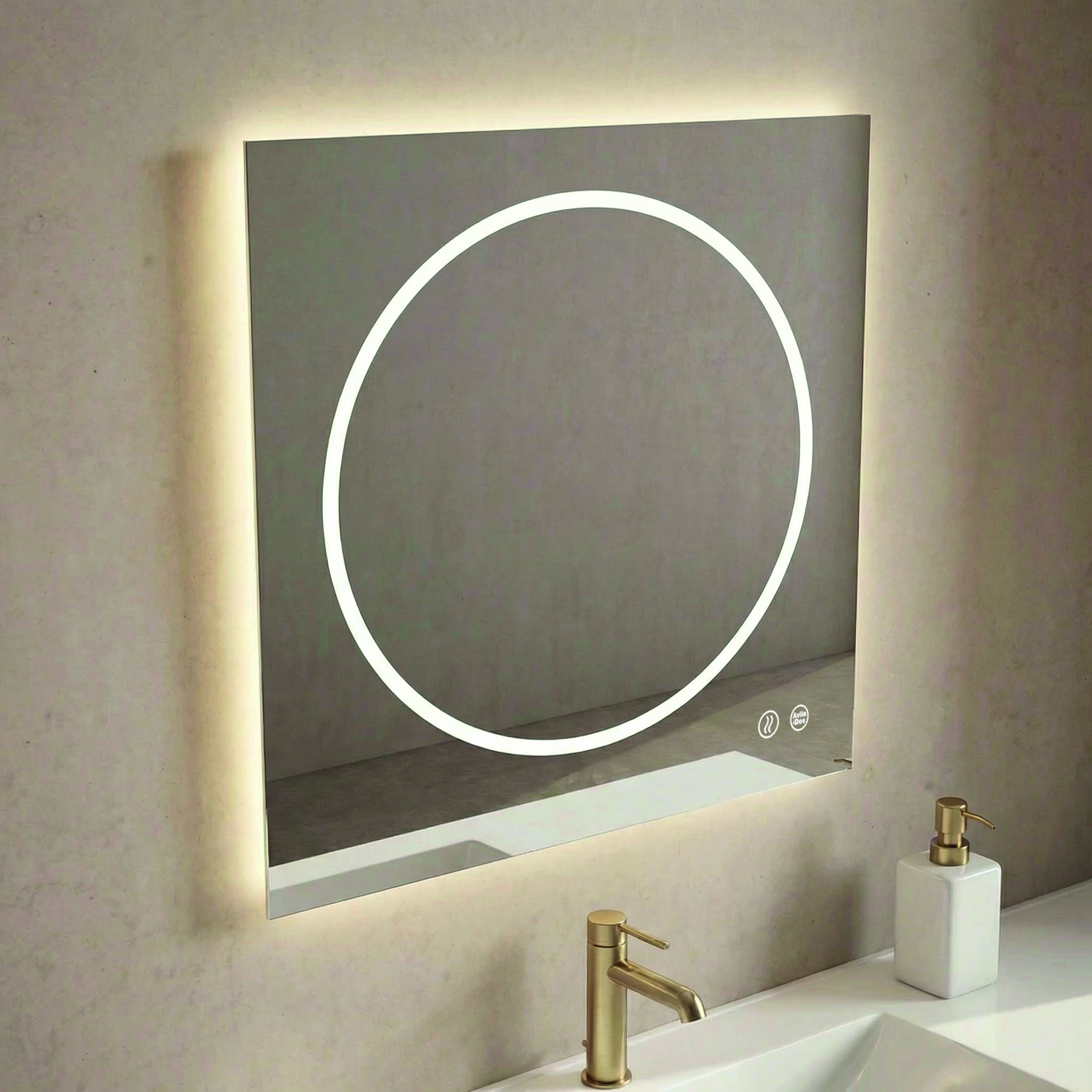 Eclipse LED: un espejo de diseño moderno con iluminación circular central y tecnología táctil que aporta elegancia y personalidad al baño.