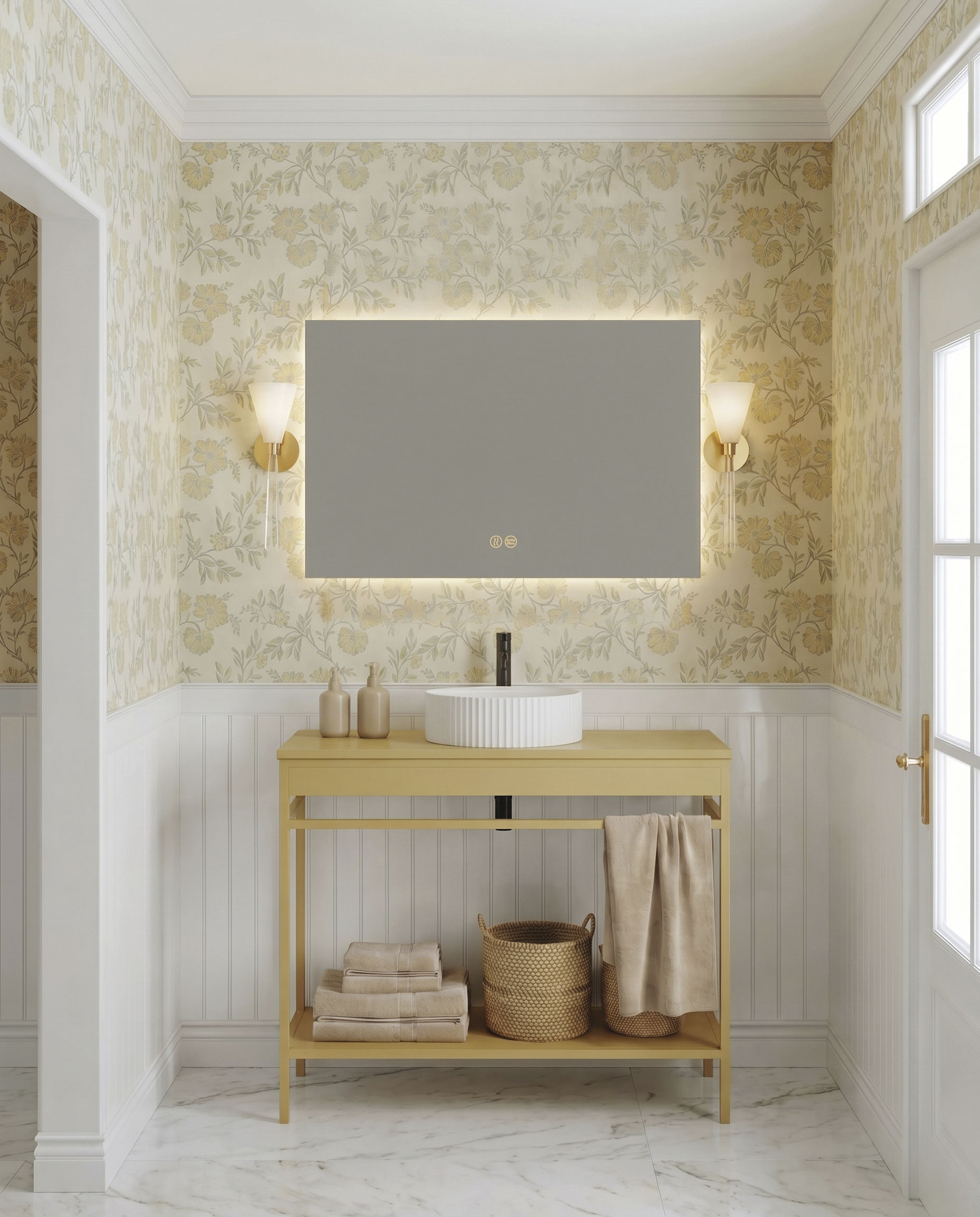 Mueble de baño Frida H80 cm con lavabo sobre encimera Riga, acabado en color 253 y espejo LED retroiluminado.