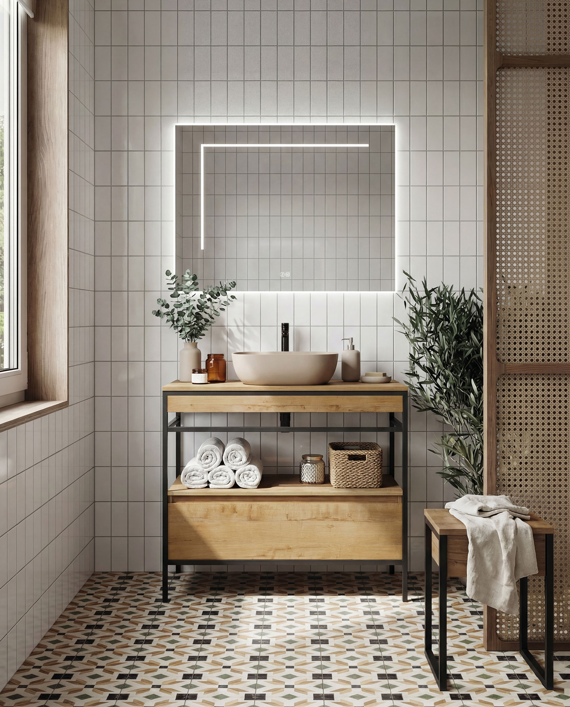 Conjunto Frida de 80 cm y altura 80 cm para lavabo sobre encimera, con estructura en color negro, faldón y estante inferior en color 18, encimera laminada color 18 y lavabo ovalado Petra. Incluye módulo cajón Frida, espejo Lúmina LED y taburete Frida.