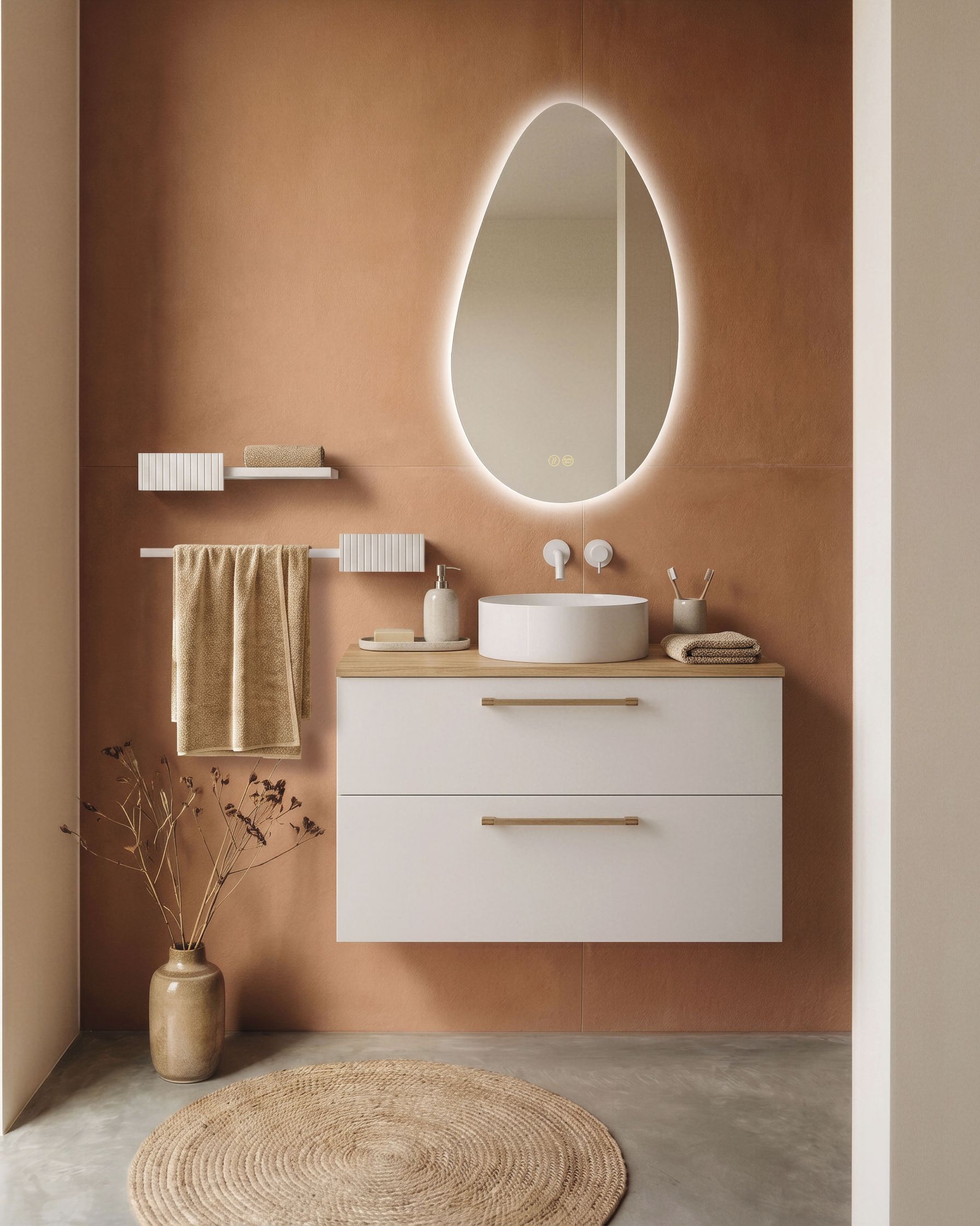 Composición Carmen de 80 cm con 2 cajones en color 3, tirador Veta Claro, encimera laminada color 25 y lavabo circular. Incluye espejo Gota LED y estantes decorativos con frente pequeño rayado en colores 70 mate y 70.