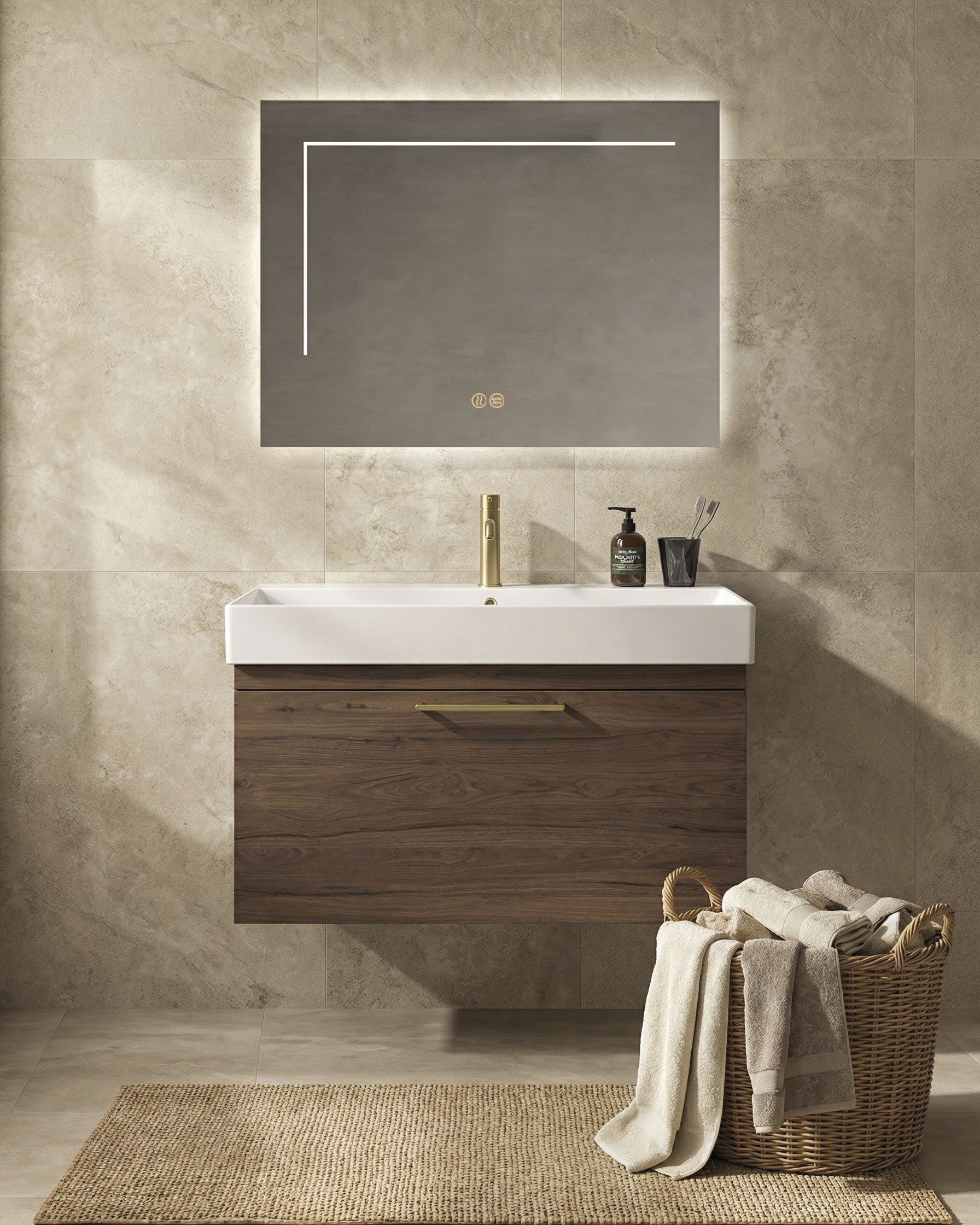 Composición Elena de 85 cm con 1 cajón en acabado color 40, tirador Lume Oro Brillo y lavabo One. Incluye espejo Lúmina LED.