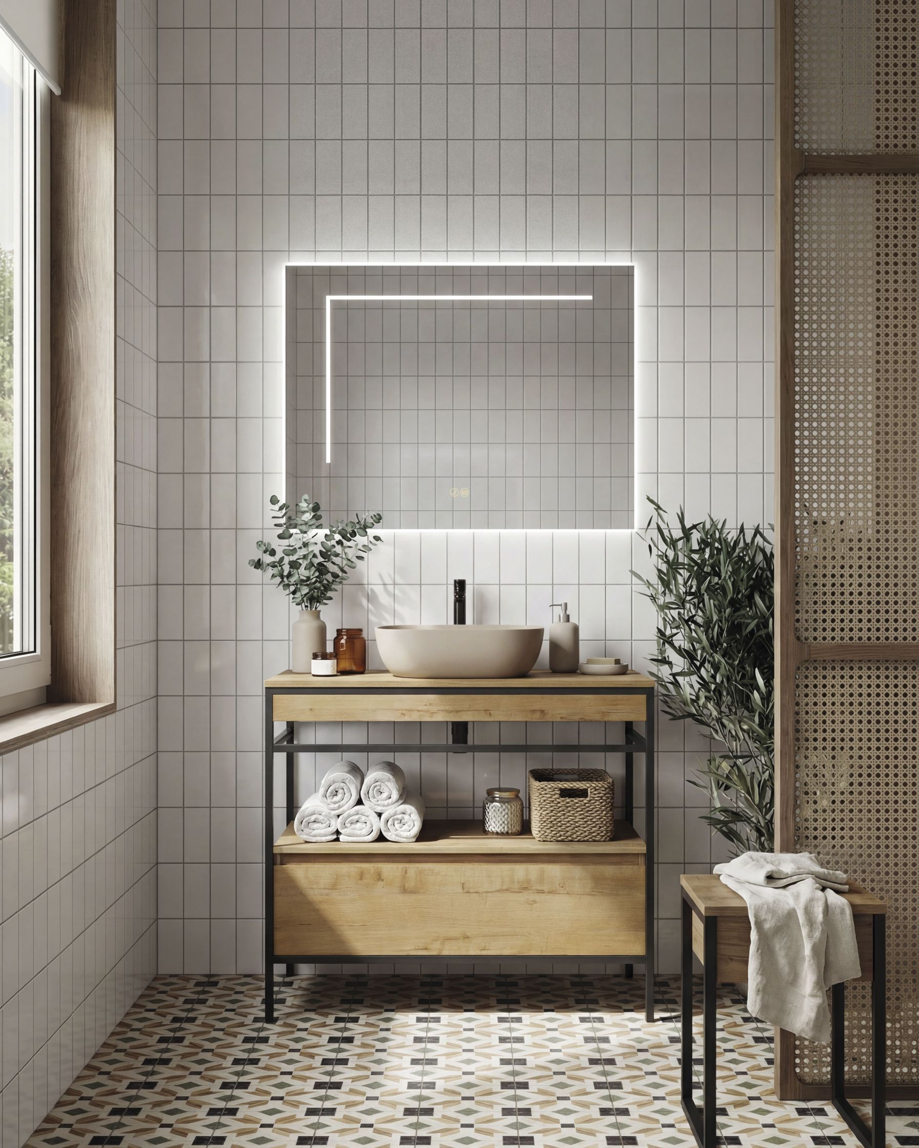 FRIDA 80 cm | H80 cm para lavabo sobre encimera Conjunto Frida de 80 cm y altura 80 cm para lavabo sobre encimera, con estructura en color negro, faldón y estante inferior en color 18, encimera laminada color 18 y lavabo ovalado Petra. Incluye módulo cajón Frida, espejo Lúmina LED y taburete Frida.