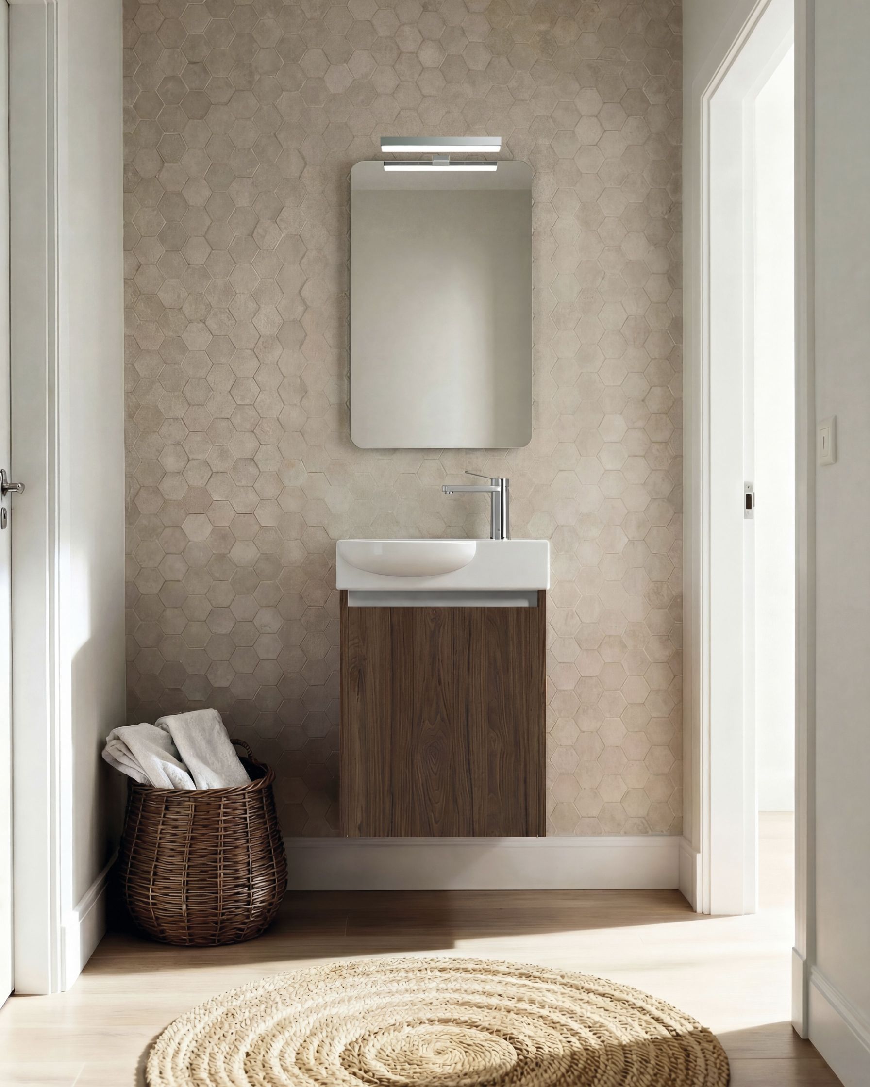 Mueble de baño Slim Curvo de 45 cm con 1 puerta en acabado color 40 y lavabo Slim Curvo. Incluye espejo Luna Curva LED y aplique LED Cromo de 30 cm.