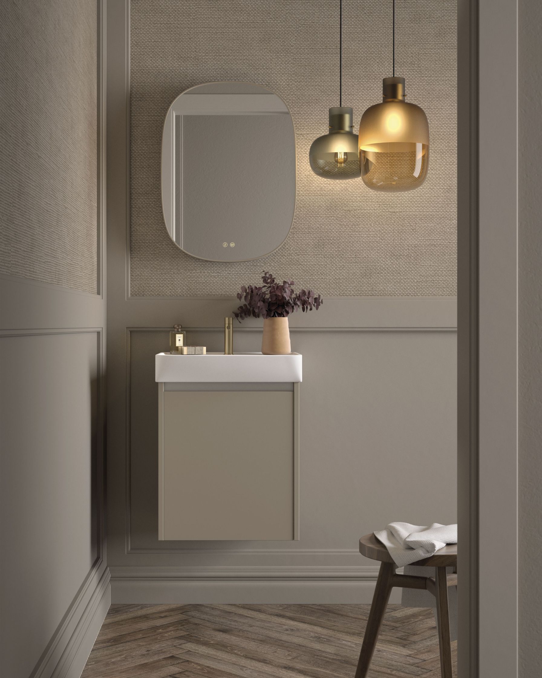 Mueble de baño Slim Recto de 45 cm con 1 puerta en acabado color 54 y lavabo Slim Recto. Incluye espejo Flow Enmarcado LED en color 54.